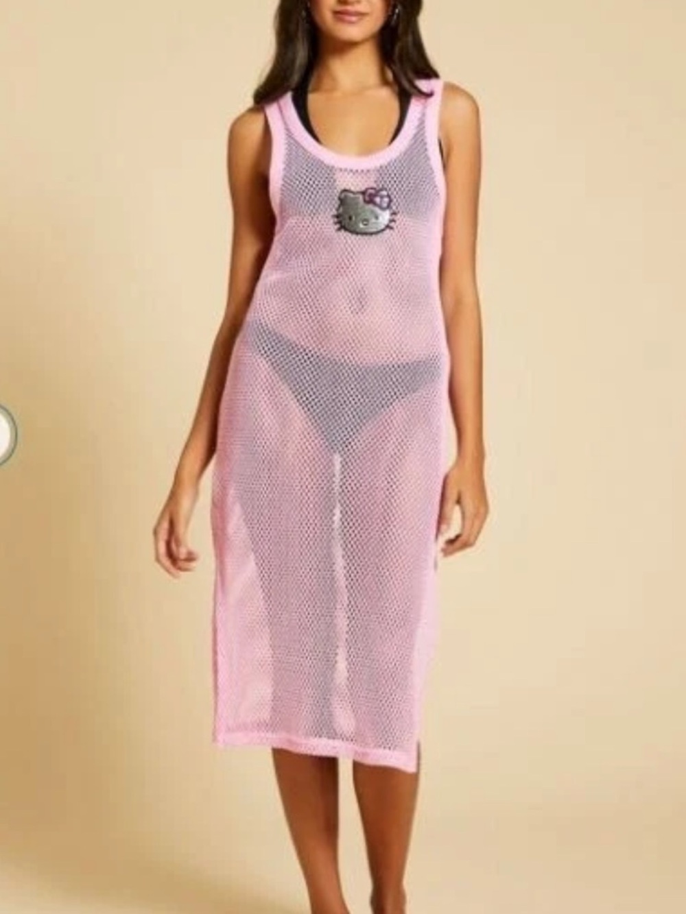 NWT Pink Mesh Hello Kitty Sequin Patch bikini coverup top size L